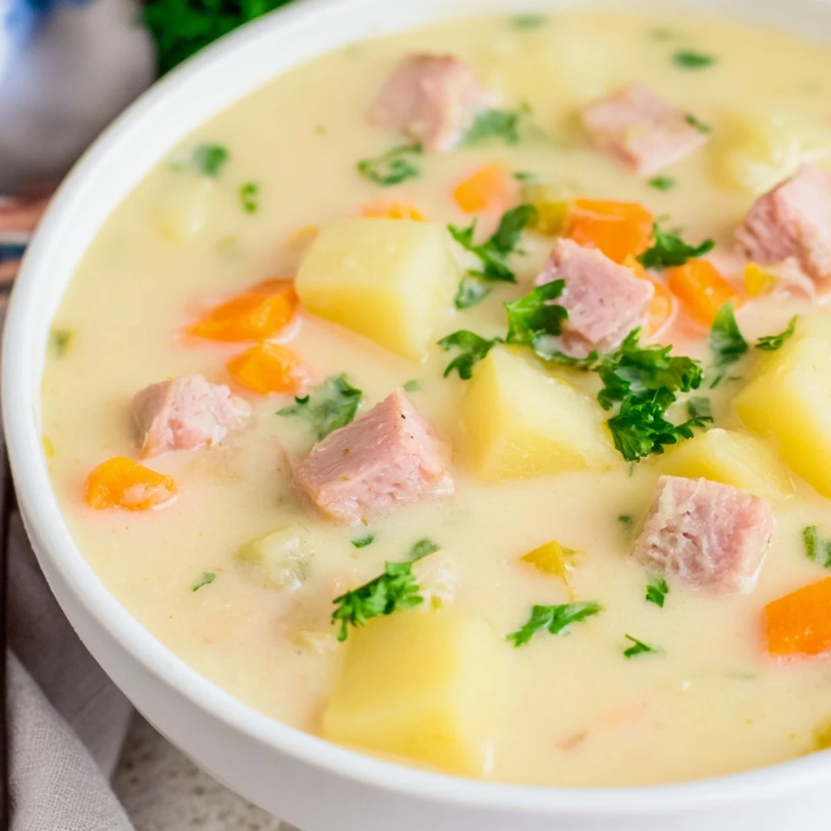 A steaming bowl of Light Ham & Potato Chowder with creamy broth, tender potatoes, and diced ham garnished with fresh parsley.