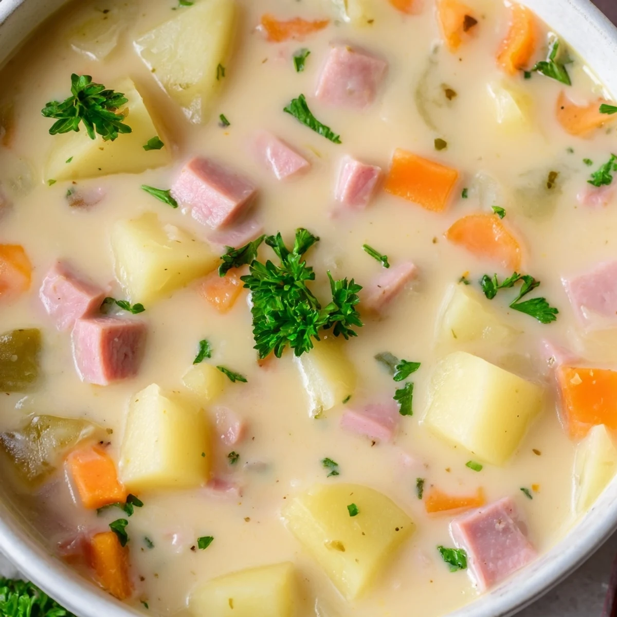 Comforting Light Ham & Potato Chowder in a rustic mug, served with crusty bread for dipping into the velvety soup.
