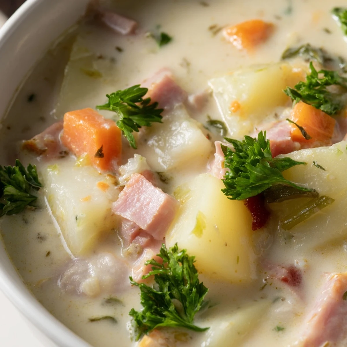 A close-up of Light Ham & Potato Chowder showing carrots, celery, and ham pieces swimming in a light, creamy broth.