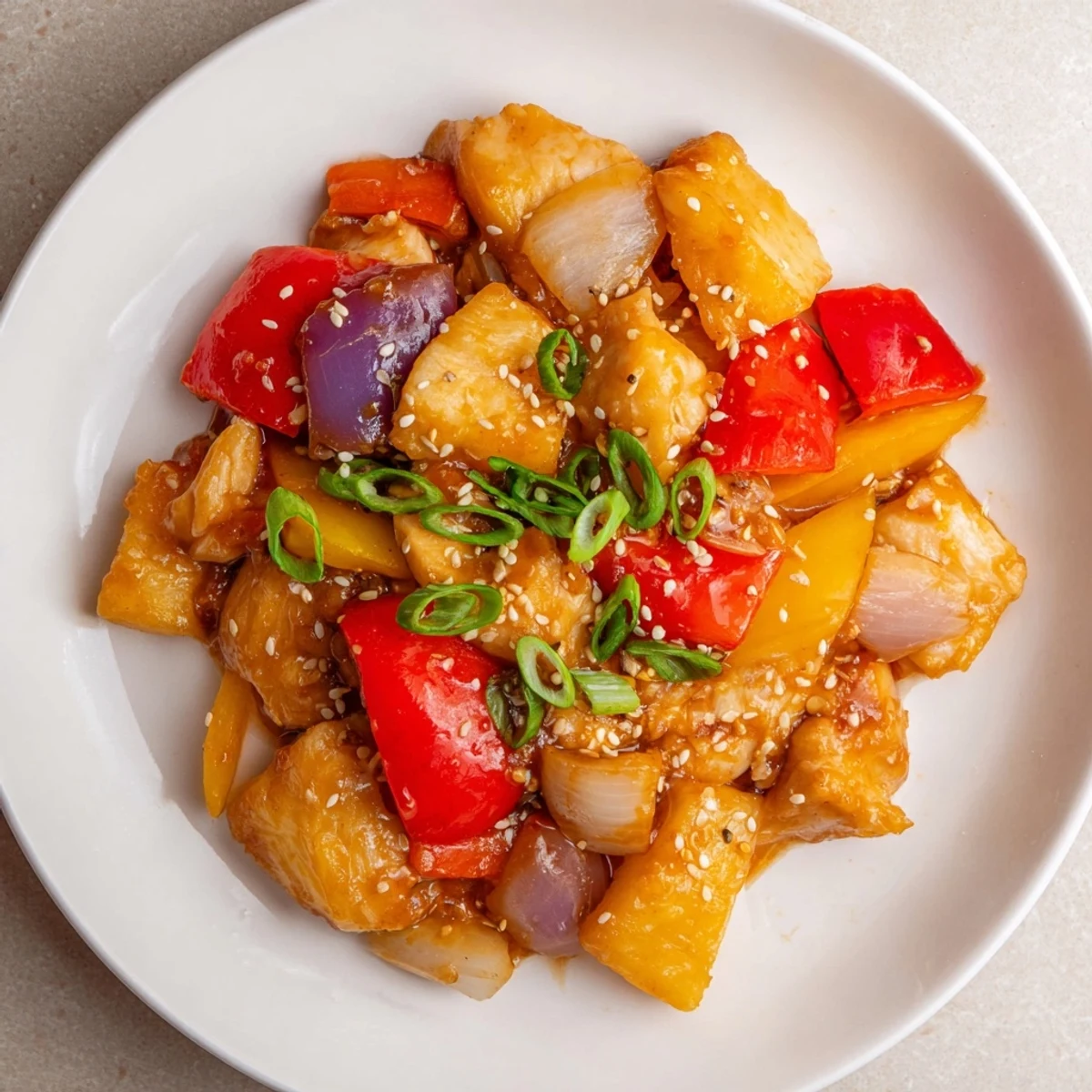Tender Sweet Hawaiian Crockpot Chicken with colorful peppers and juicy pineapple chunks on a plate.  