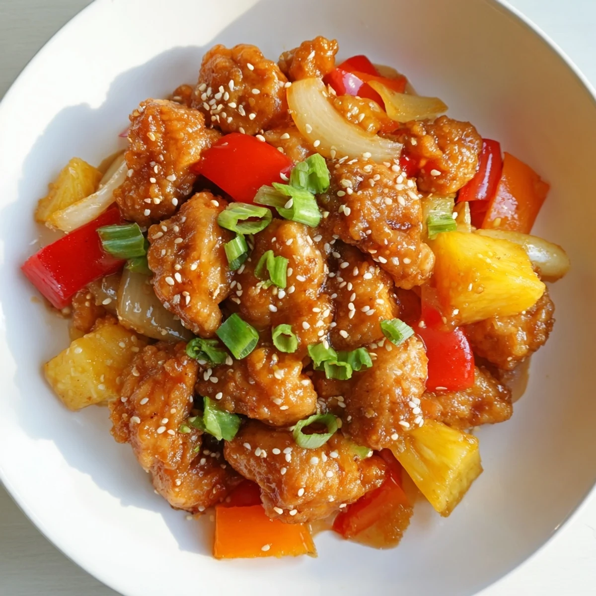 Freshly garnished Sweet Hawaiian Crockpot Chicken in a rich sauce, ready for a family dinner.
