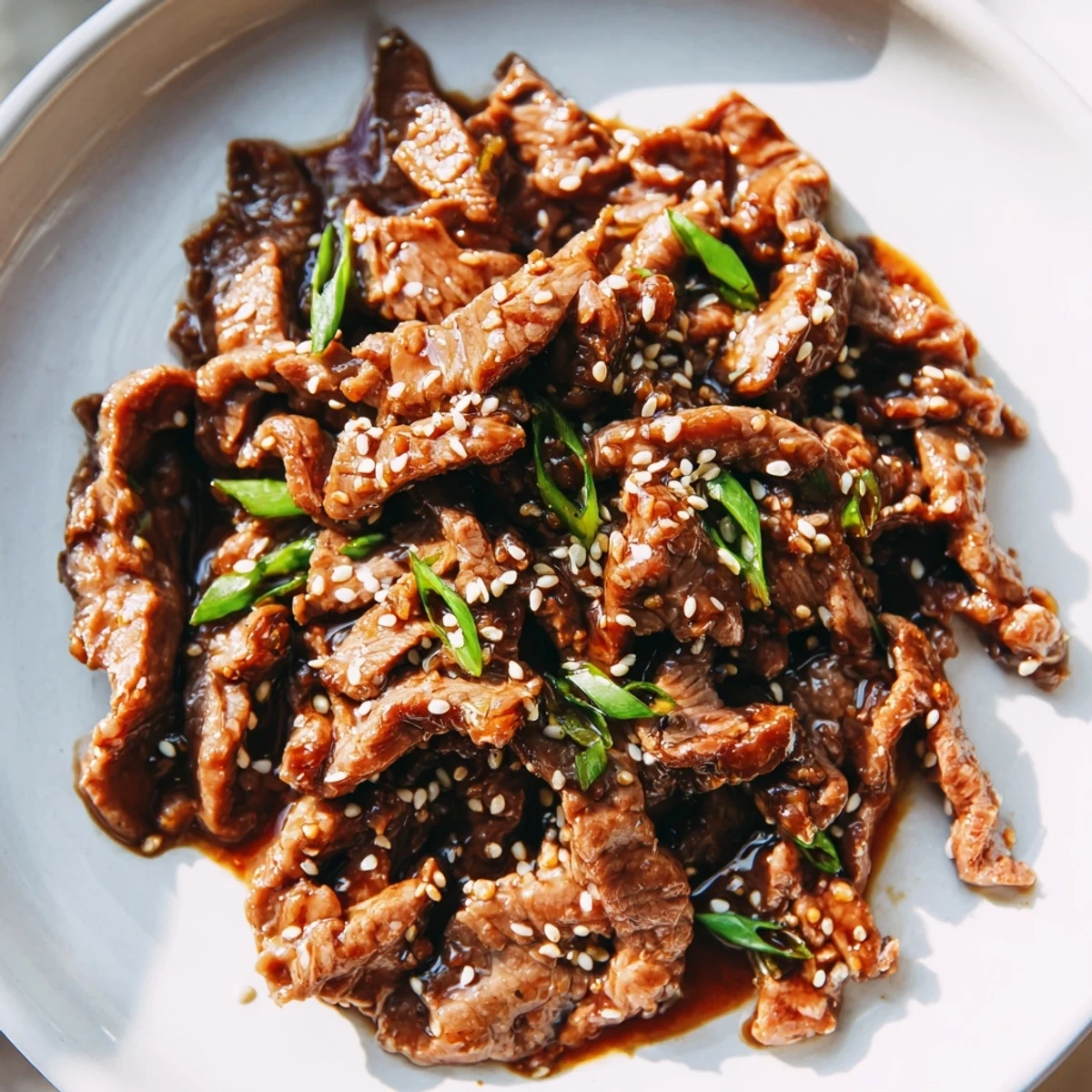 Close-up of Ultimate Slow Cooker Mongolian Beef with savory sauce, sliced beef, and toasted sesame seeds on top.