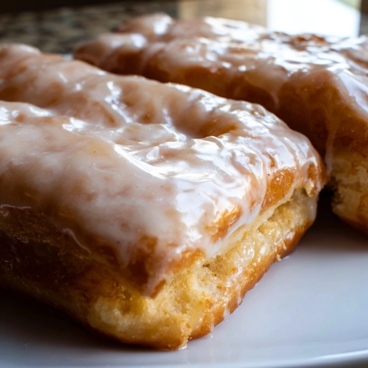 Freshly fried Maple Donut Bars resting on a wire rack with a glossy, rich maple glaze dripping down the sides.