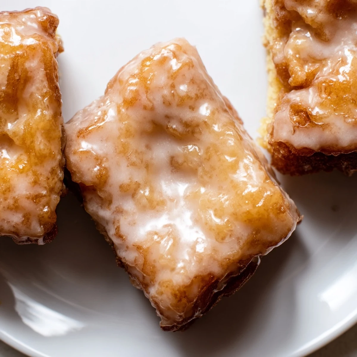 Homemade bakery-style Maple Donut Bars displayed on a white plate, showcasing soft dough and a generous sweet topping.