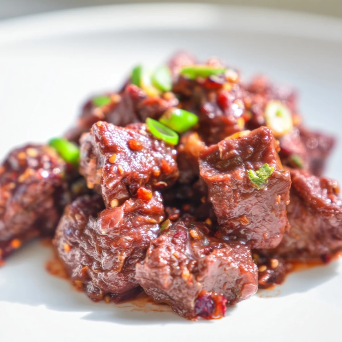 Crock Pot Korean Beef slow cooked with savory soy and gochujang, garnished with green onions and sesame seeds.