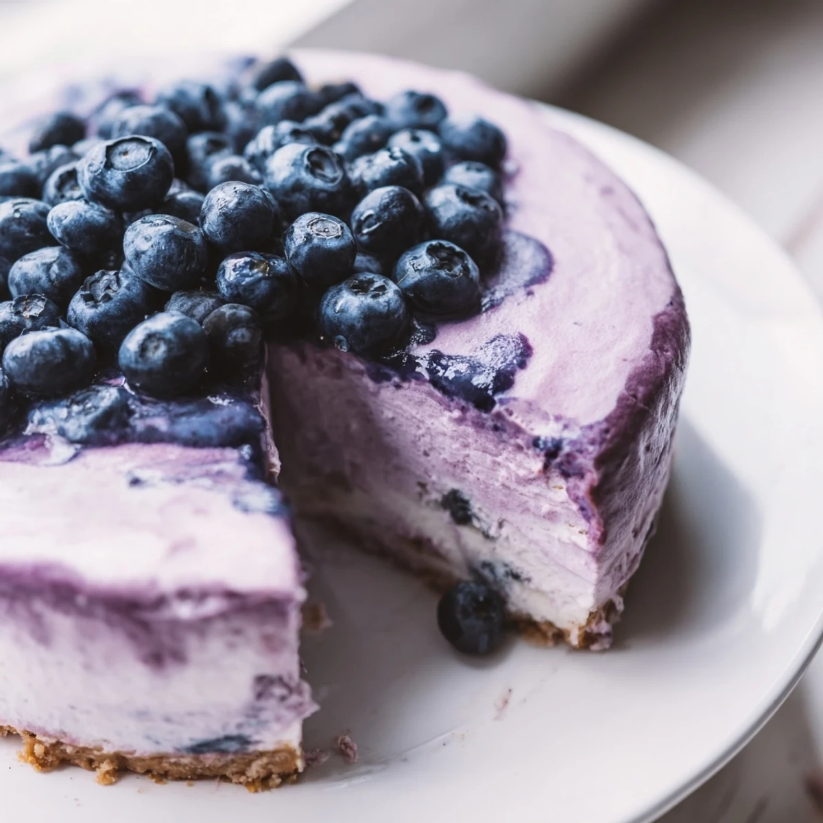 Freshly baked Blueberry Mousse Cheesecake with a creamy filling and a crunchy graham cracker crust base.