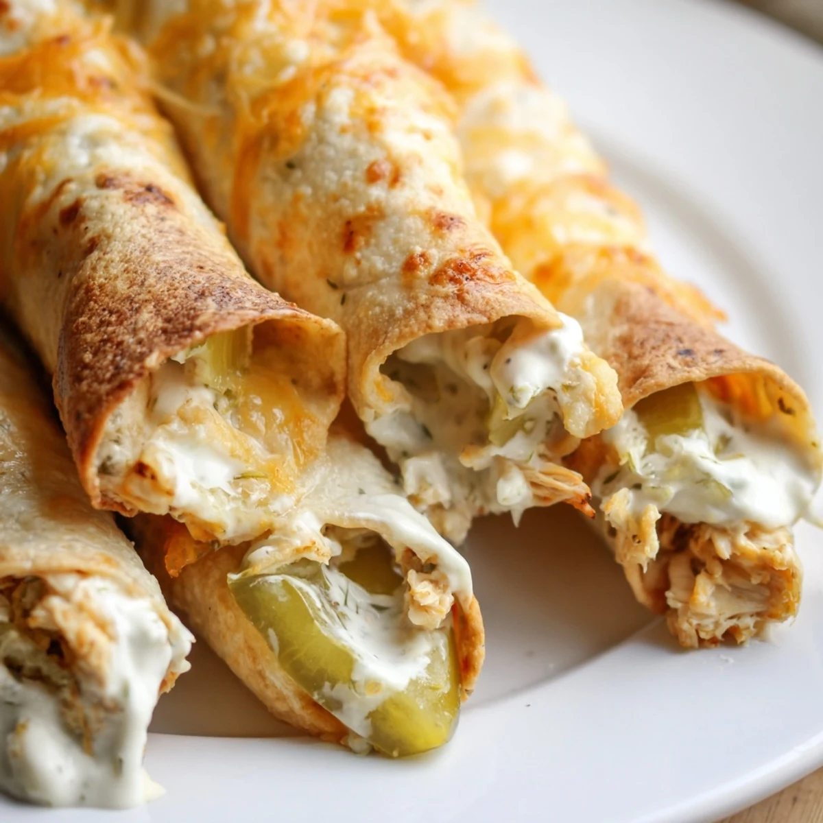 Golden-brown Dill Pickle Ranch Chicken Taquitos, rolled in flour tortillas and baked until crispy, with a creamy filling of chicken, dill pickles, and shredded cheddar.