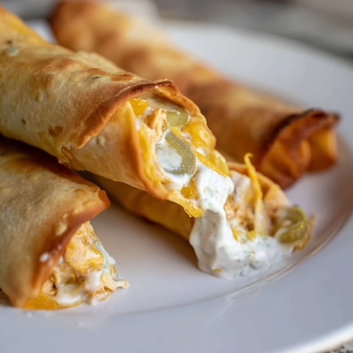 Close-up of a Dill Pickle Ranch Chicken Taquito broken open, revealing the hot shredded chicken, tangy dill pickles, and melted cheddar cheese inside.