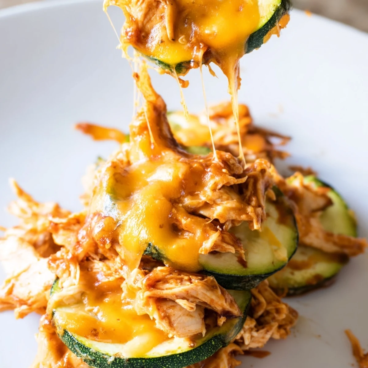 Cheesy BBQ Chicken Zucchini Nachos served hot on a platter with lime wedges and a dollop of sour cream for dipping.