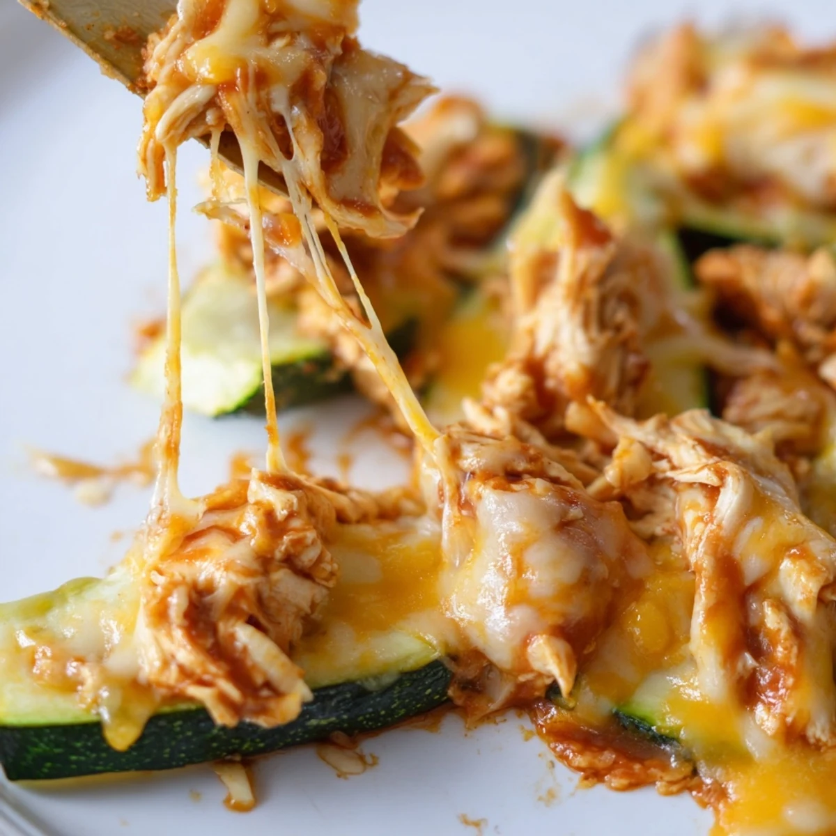 Golden roasted zucchini rounds topped with smoky BBQ chicken, melty cheddar cheese, and fresh pico de gallo for a low-carb snack.