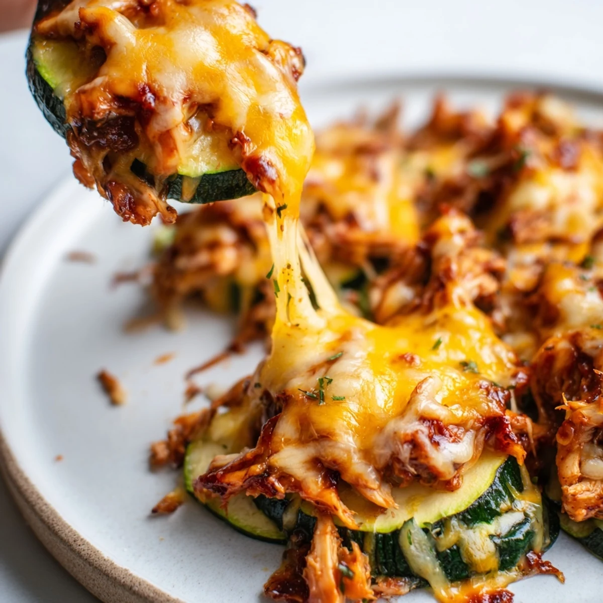 A close-up of Cheesy BBQ Chicken Zucchini Nachos featuring tender veggie chips loaded with shredded chicken and melted Monterey Jack.