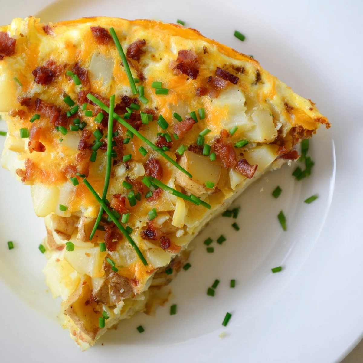 Golden Bacon Potato Frittata bubbling in a cast iron skillet with melted Gruyère and fresh chives.