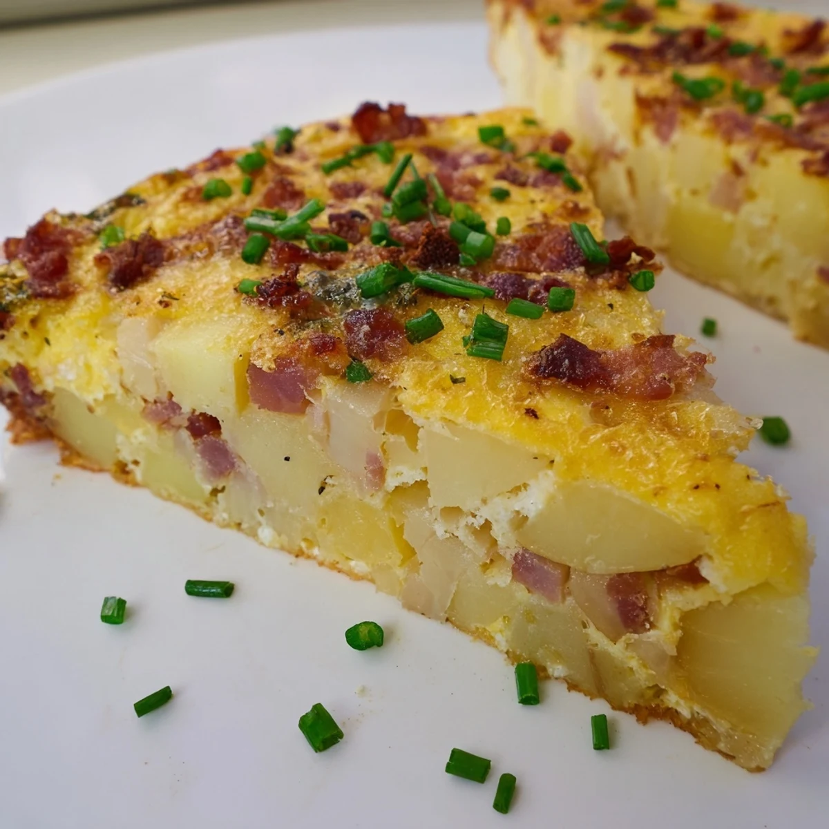Sliced Bacon Potato Frittata on a white plate, served with a light salad for a hearty brunch.