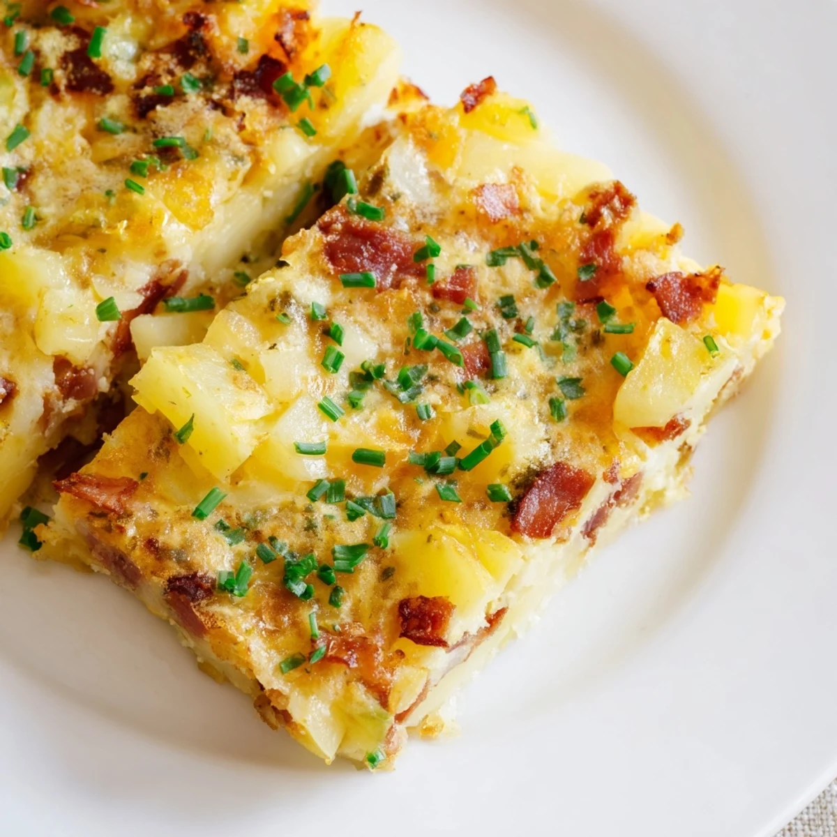 Close-up of Bacon Potato Frittata showing crispy bacon and tender potatoes inside a fluffy egg custard.
