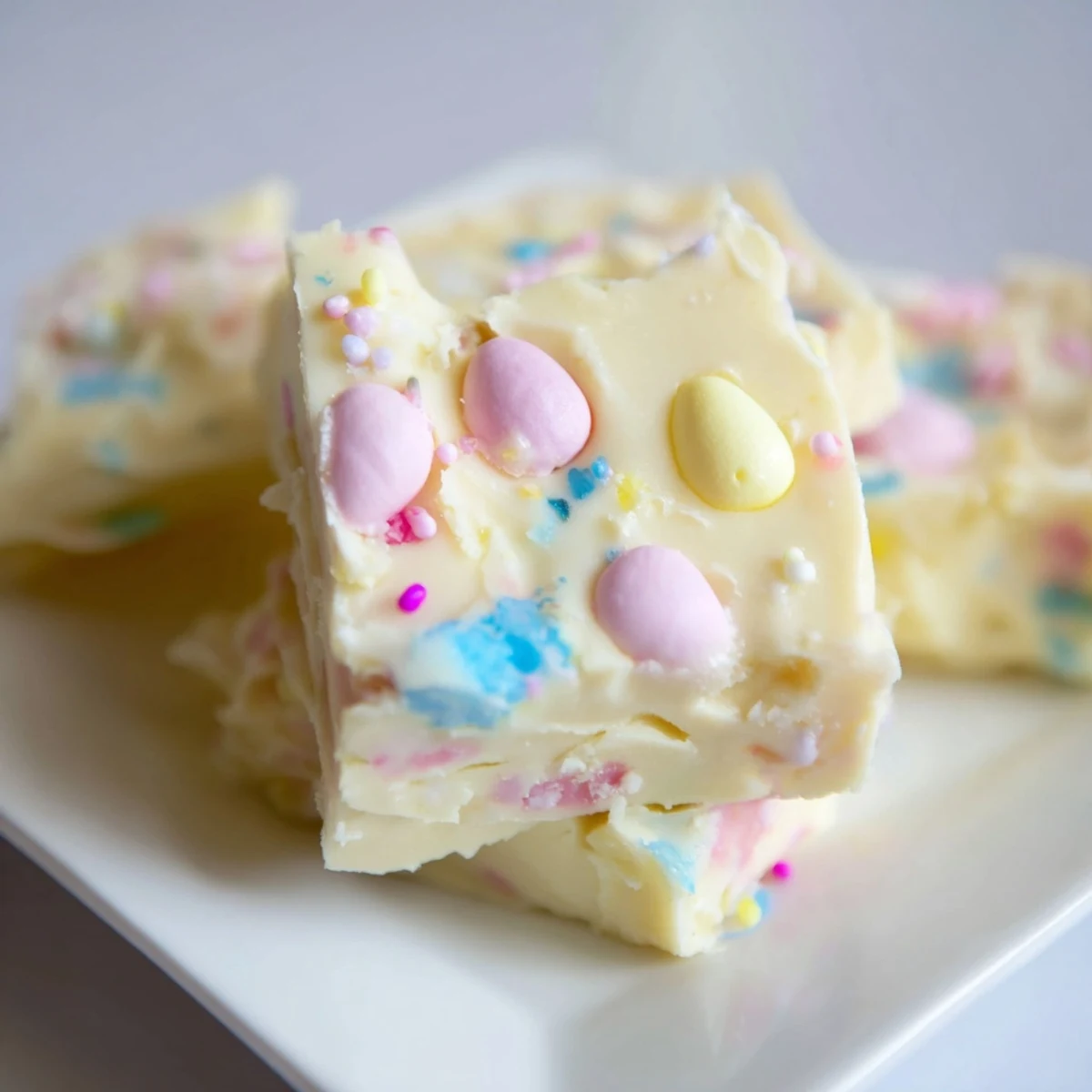 Close up view of creamy Easter Fudge topped with colorful sprinkles and candy eggs.