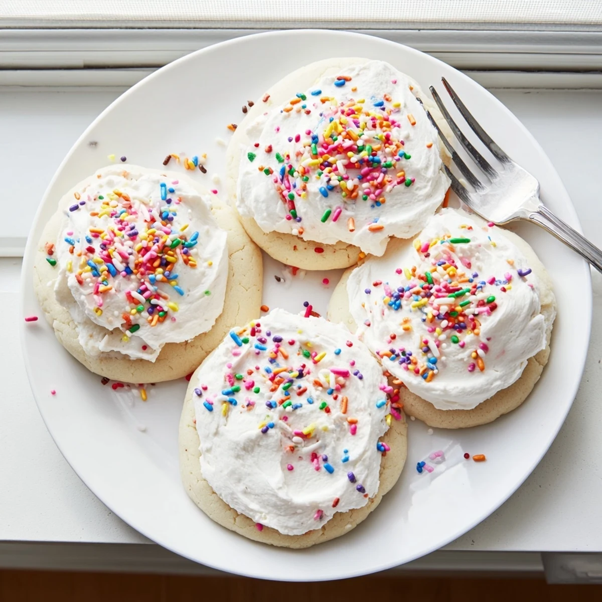 A plate of Soft Sour Cream Sugar Cookies With Cream Cheese Frosting, each cookie lightly golden with smooth, white frosting and colorful sprinkles on top.