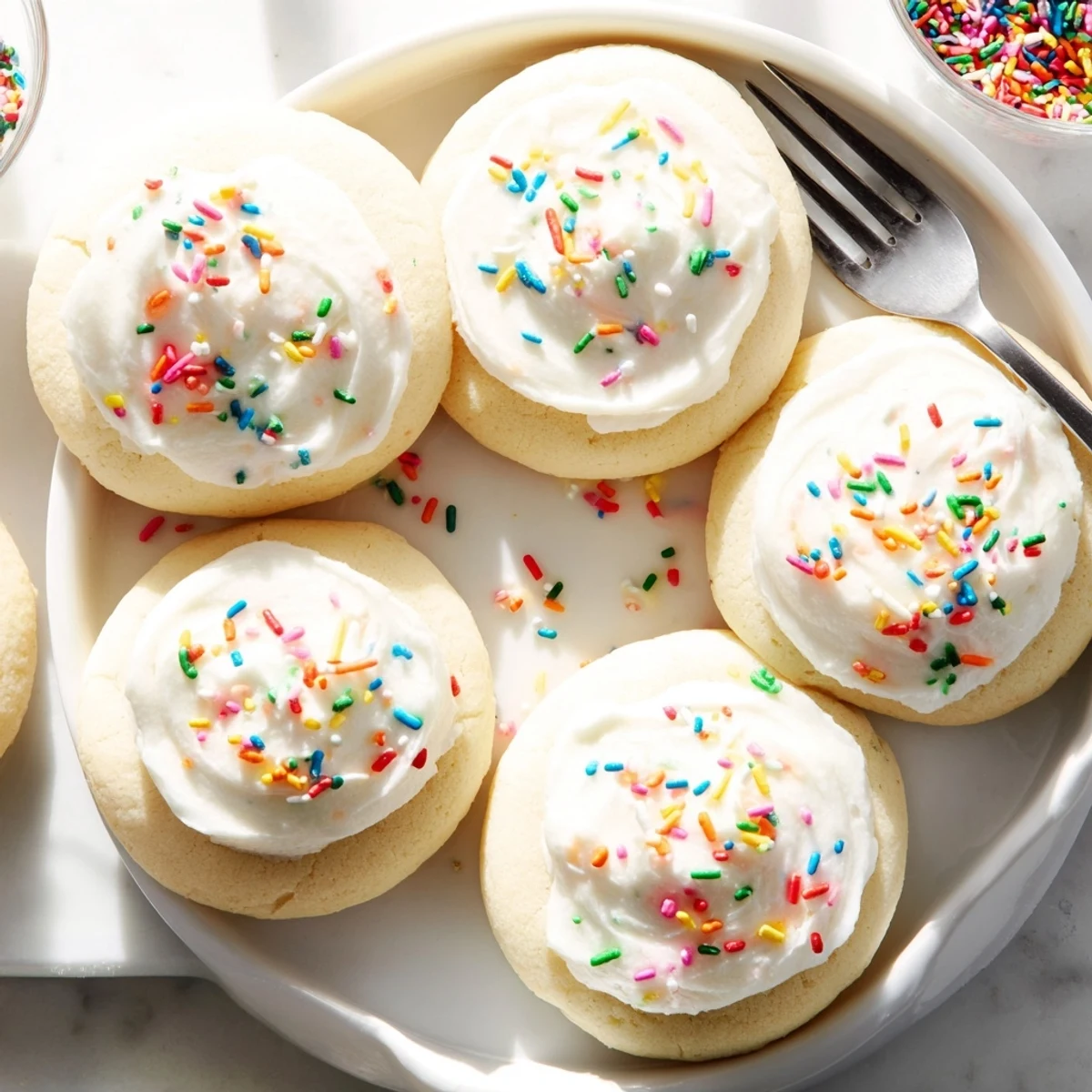 Close-up of Soft Sour Cream Sugar Cookies With Cream Cheese Frosting showing pillowy texture and creamy frosting melting slightly on a festive holiday platter.