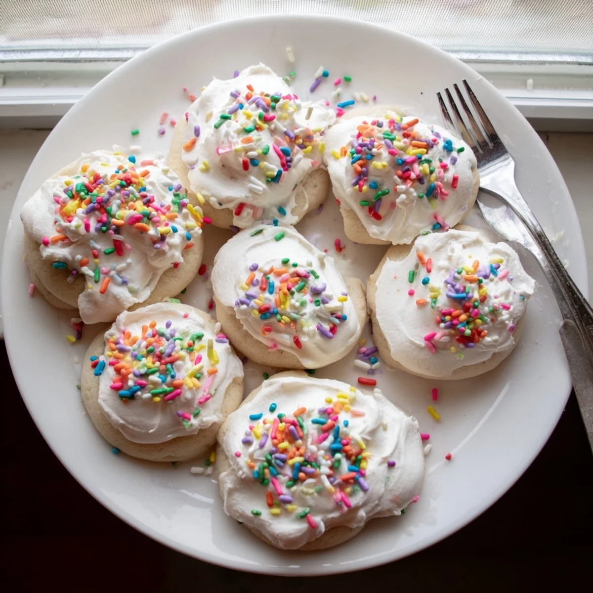 Stack of Soft Sour Cream Sugar Cookies With Cream Cheese Frosting on a rustic wooden table, perfect for holiday gatherings or afternoon tea.