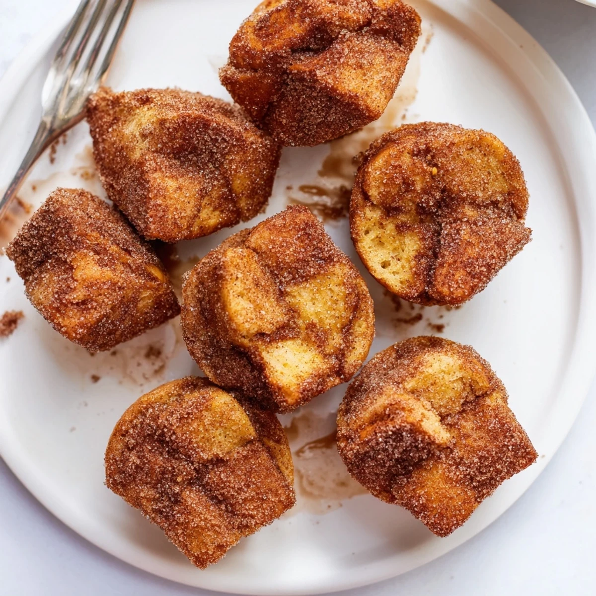 A close-up view shows the soft, custardy interior of a Cinnamon Sugar French Toast Muffin with a crunchy, sweet coating.
