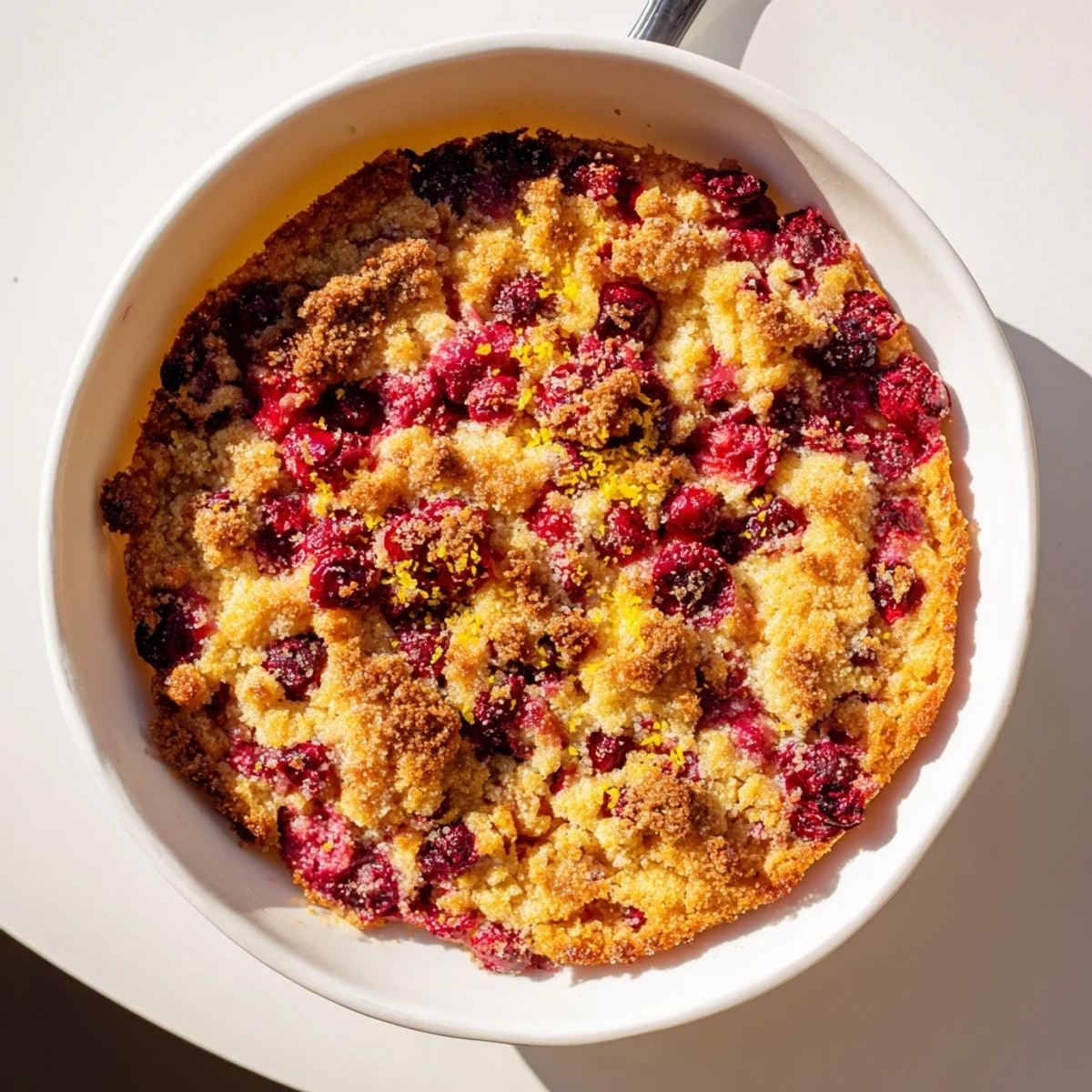 A slice of moist Cranberry Cake topped with sugary cranberries and a hint of orange zest.