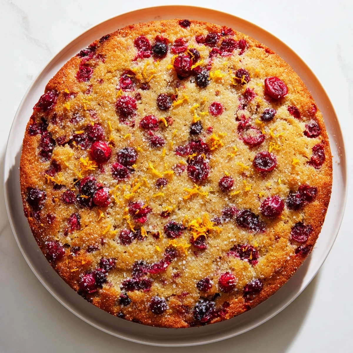 A baked Cranberry Cake in a round pan, its buttery crumb dotted with tart cranberries.