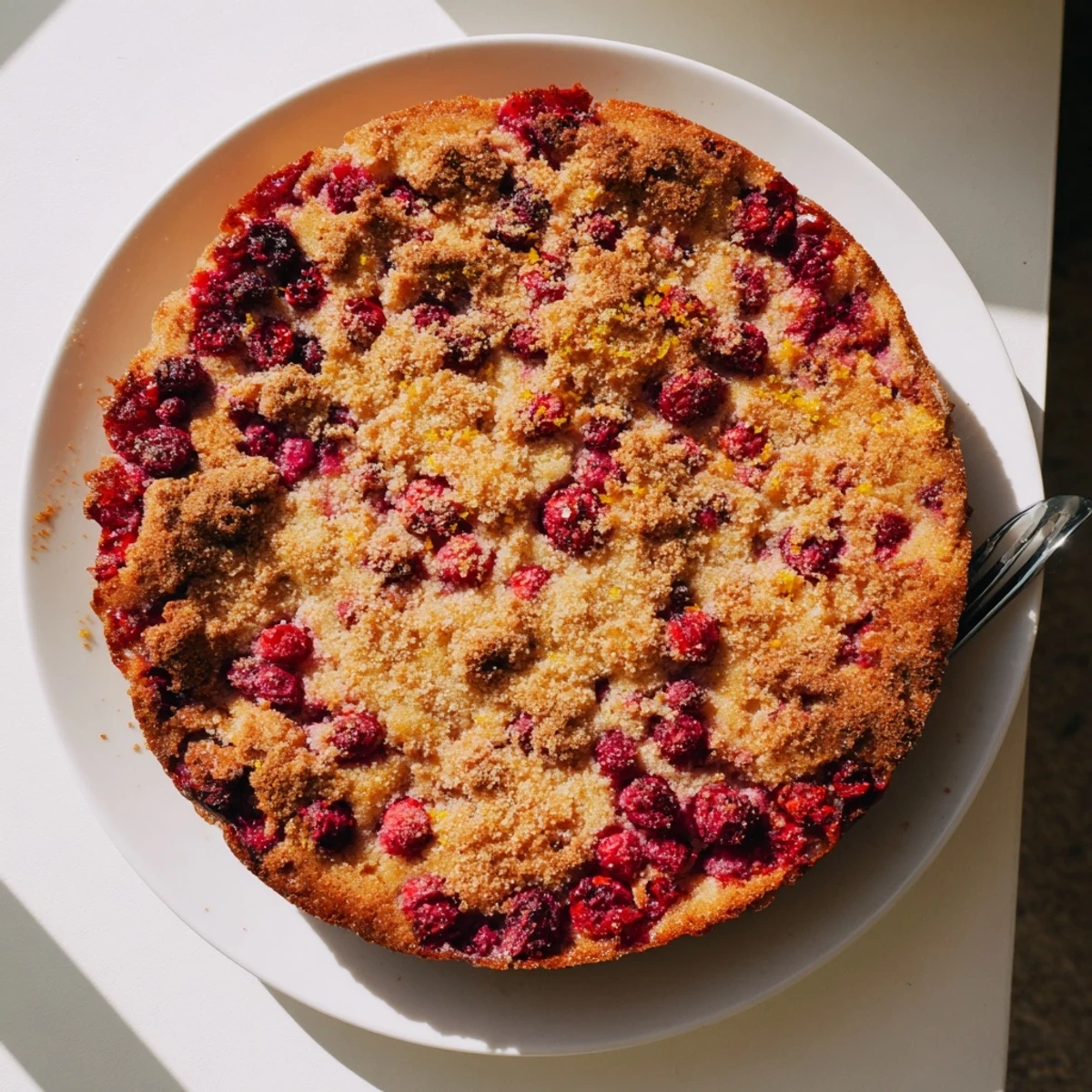 A freshly baked Cranberry Cake served on a white plate, showcasing its tender texture and fruity interior.