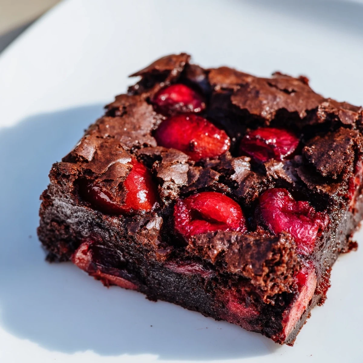 Fudgy roasted cherry brownies with gooey chocolate and caramelized fruit pieces on a rustic plate.