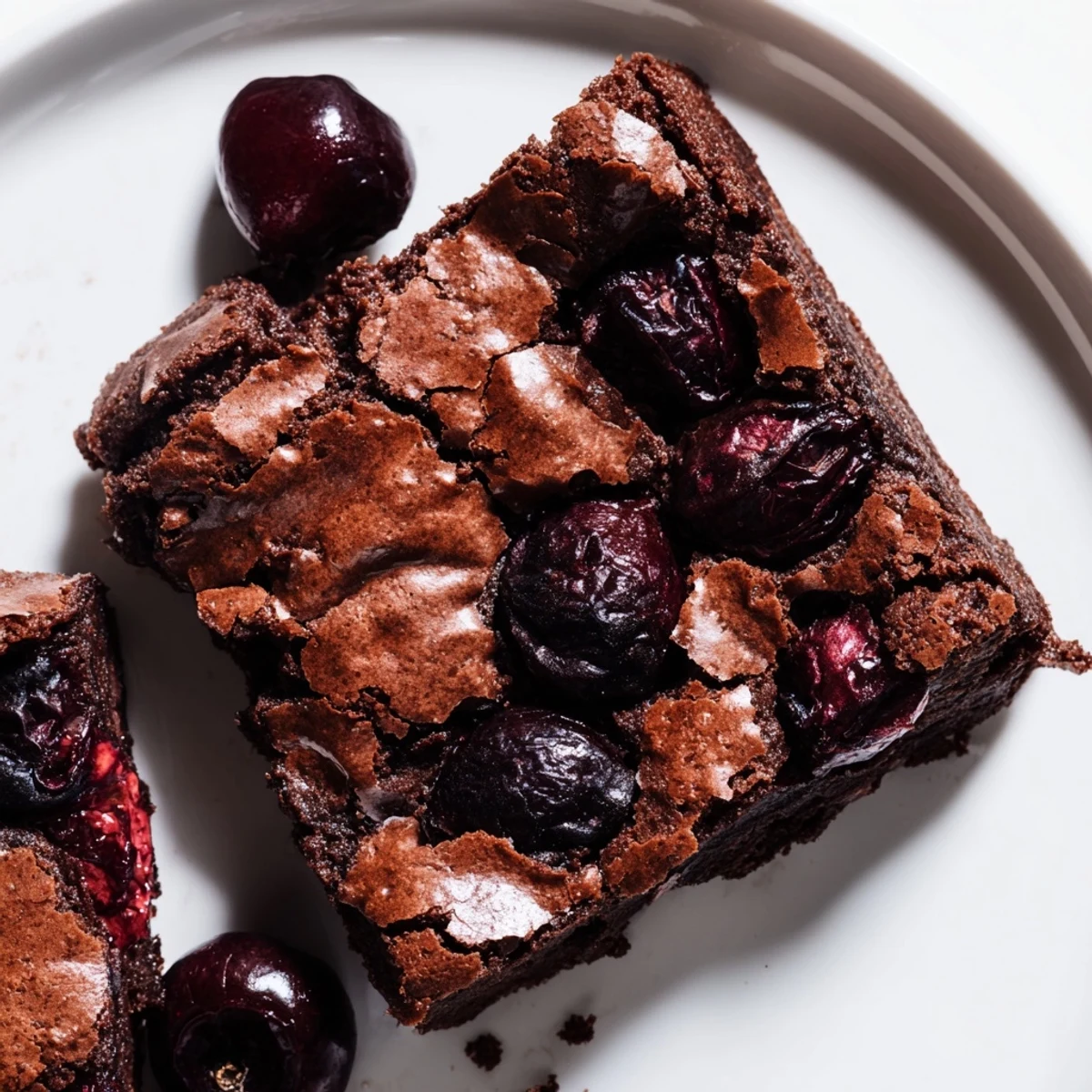 A close-up of roasted cherry brownies on a baking sheet, steam rising from warm cherries.