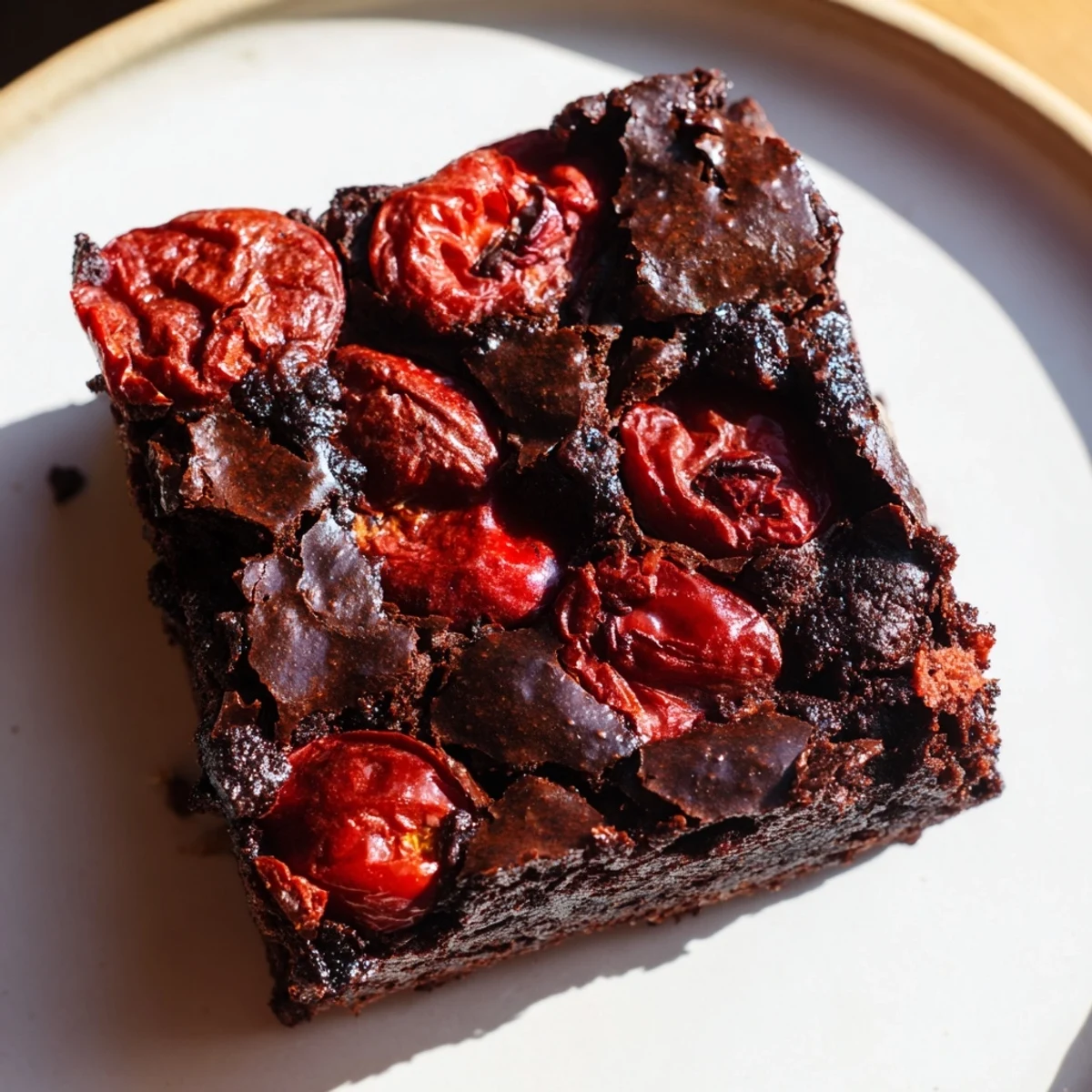 Slice of roasted cherry brownies topped with vanilla ice cream melting over the rich, dark chocolate.