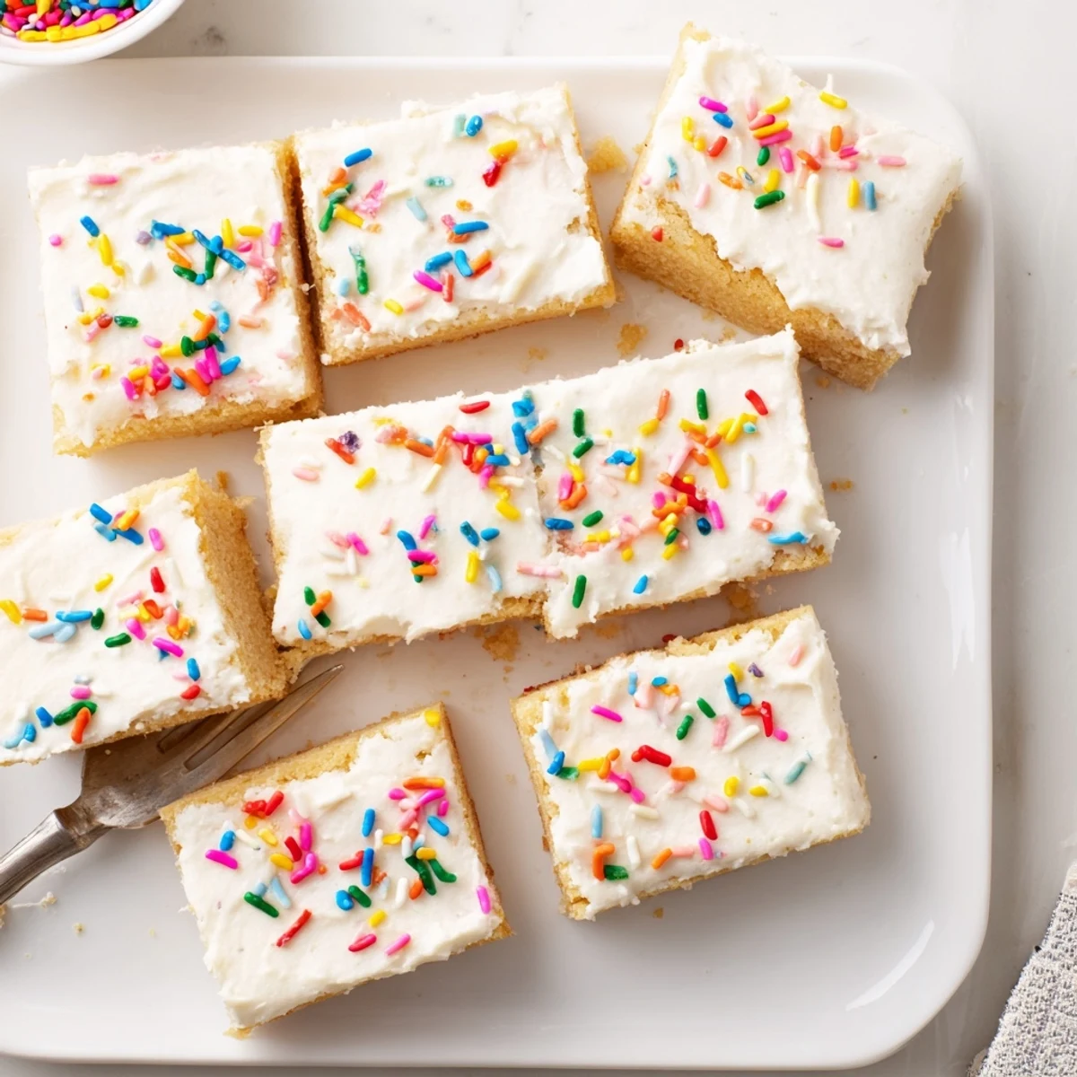 A close-up of freshly sliced sugar cookie bars with creamy vanilla frosting and colorful sprinkles, arranged on a wooden board.