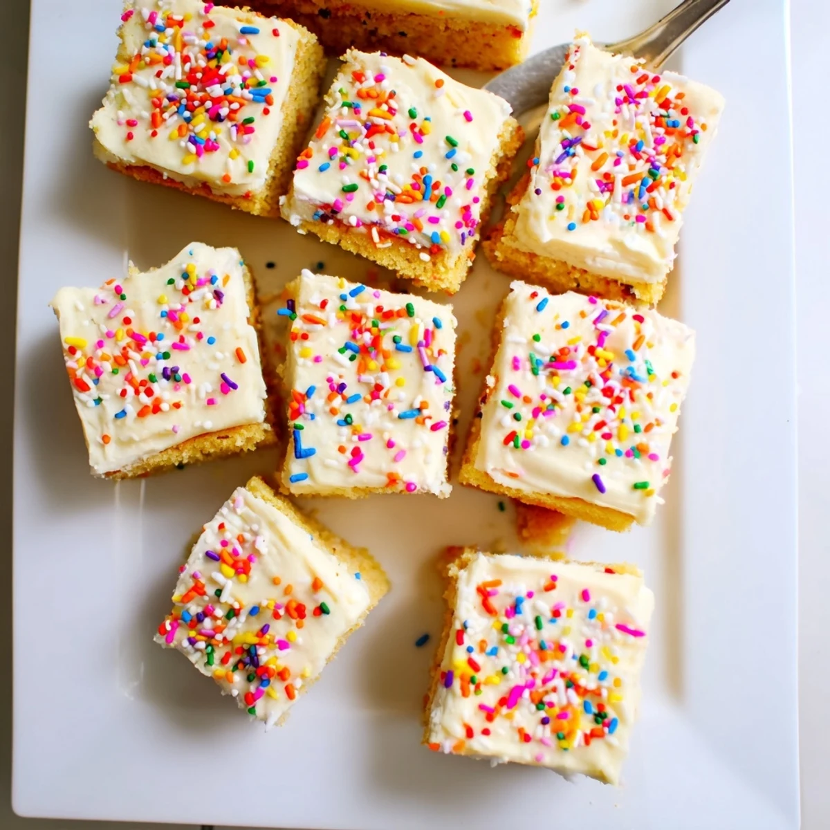 Soft buttery sugar cookie bars are cut into squares, showing a moist crumb and thick frosting layer on a baking pan.