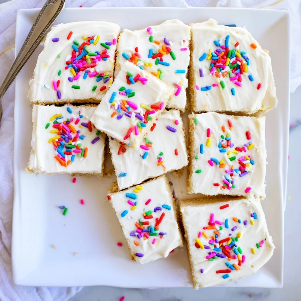 A party platter of sugar cookie bars topped with pastel frosting and festive sprinkles, perfect for birthdays and celebrations.