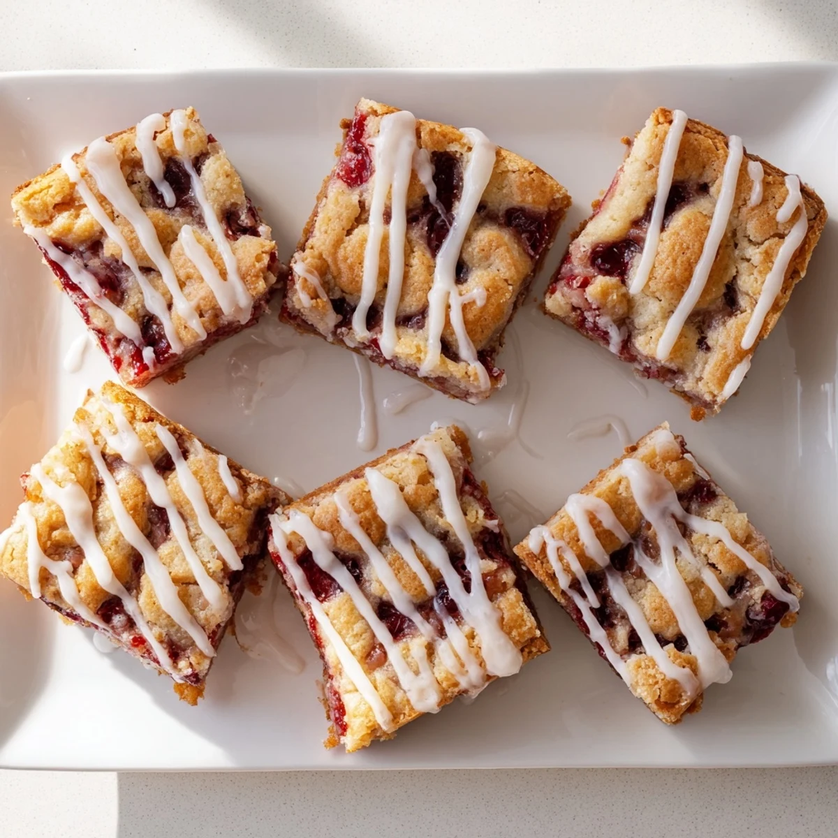 A close-up of Easy Cherry Pie Bars showcasing the vibrant red cherry filling peeking through a crumbly baked topping.