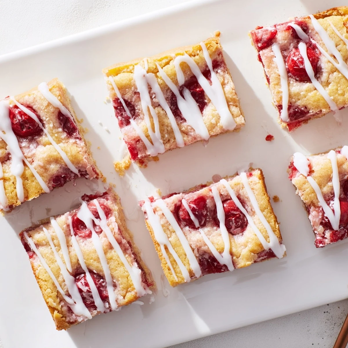 Golden-brown Easy Cherry Pie Bars with a glossy vanilla glaze, cooling on a wire rack for a sweet, buttery dessert.