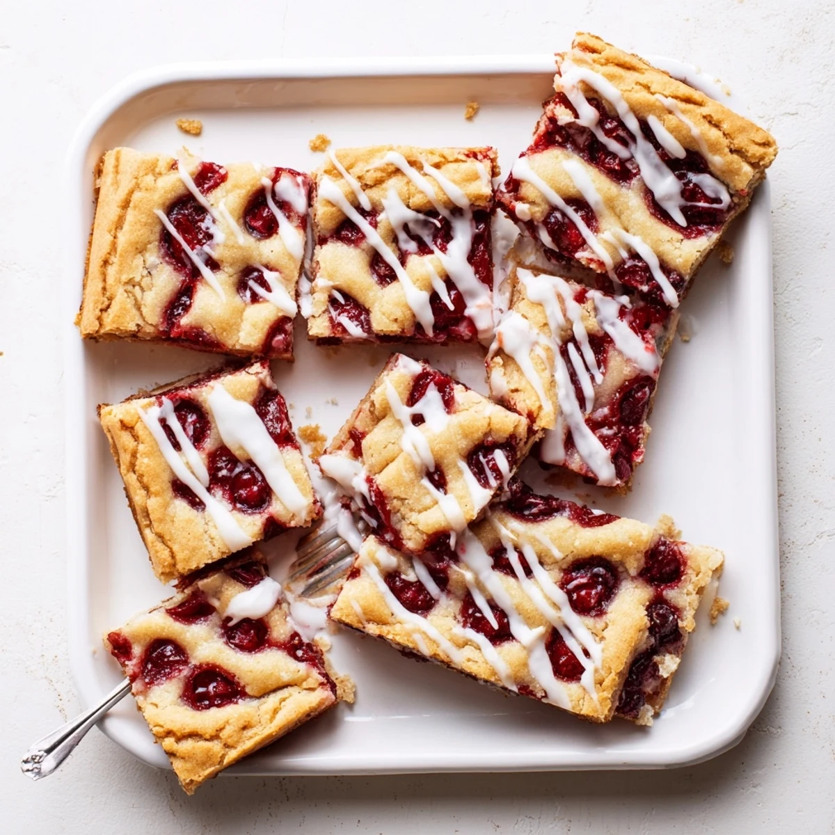 Easy Cherry Pie Bars are sliced neatly on a plate, ready to serve with a scoop of vanilla ice cream.