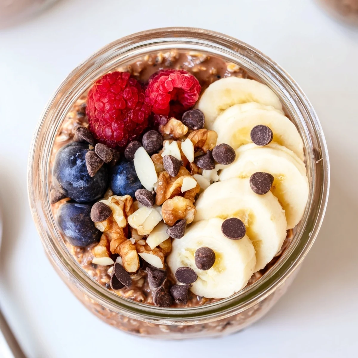 Spoon digging into thick, chocolatey Ultimate Healthy Chocolate Overnight Oats garnished with walnuts and a dash of cocoa.