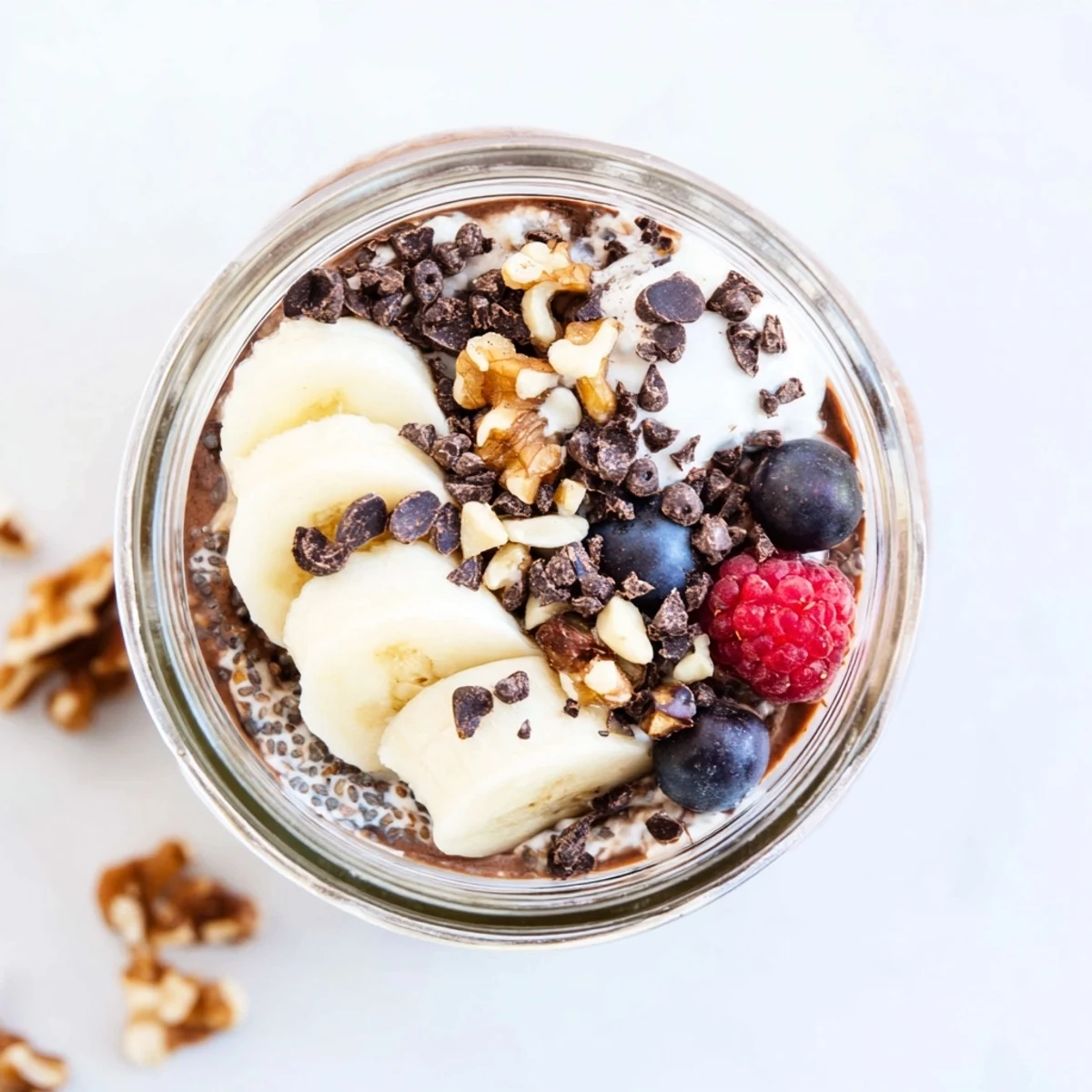 Ultimate Healthy Chocolate Overnight Oats served in a jar with berries, mini chocolate chips, and oats.