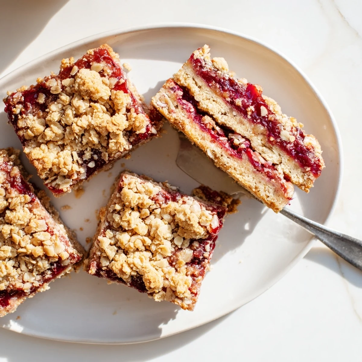 Close-up of Easy Tasty Cherry Crumble Bars revealing buttery crumb layers and juicy cherry centers on a rustic wooden surface.