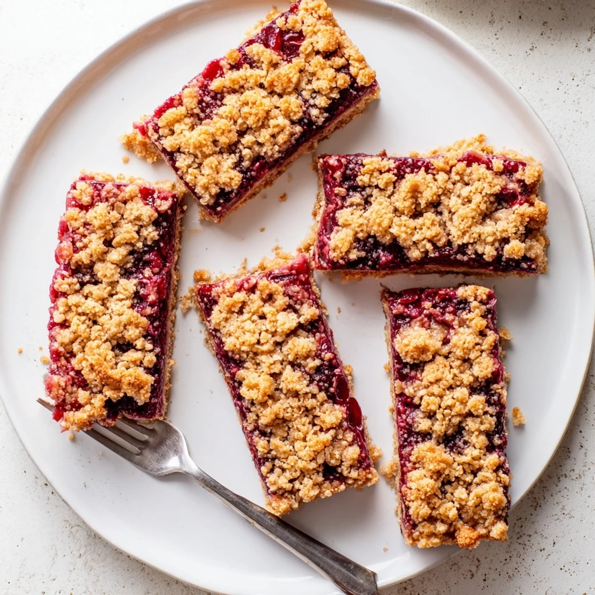 Serving suggestion for Easy Tasty Cherry Crumble Bars with a scoop of vanilla ice cream melting over the warm dessert.