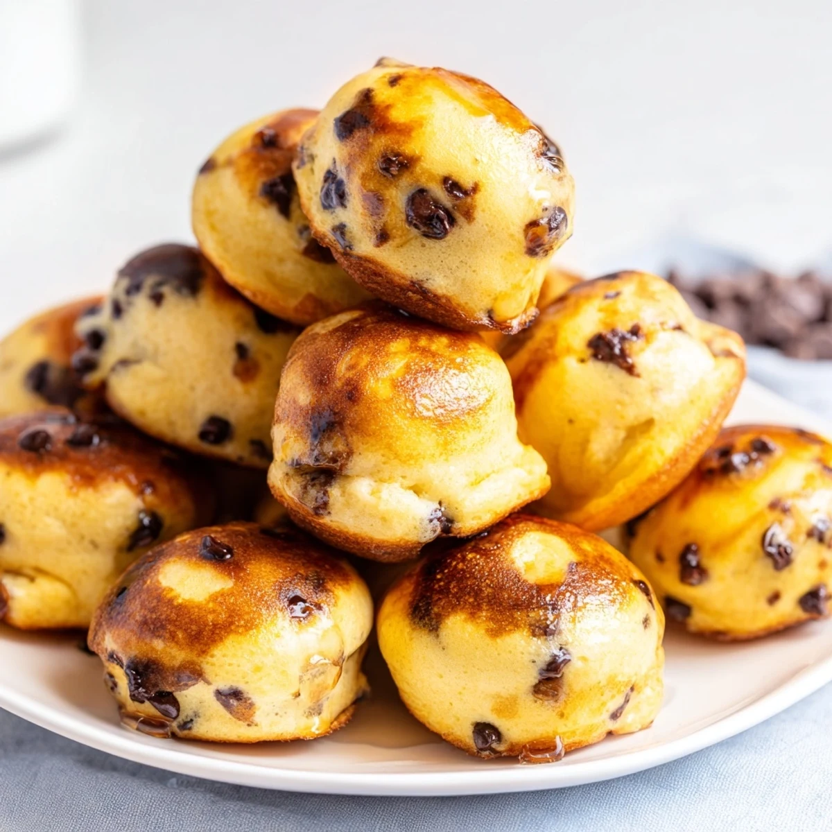 Fluffy golden pancake poppers arranged on a plate, ready for brunch dipping with syrup. 