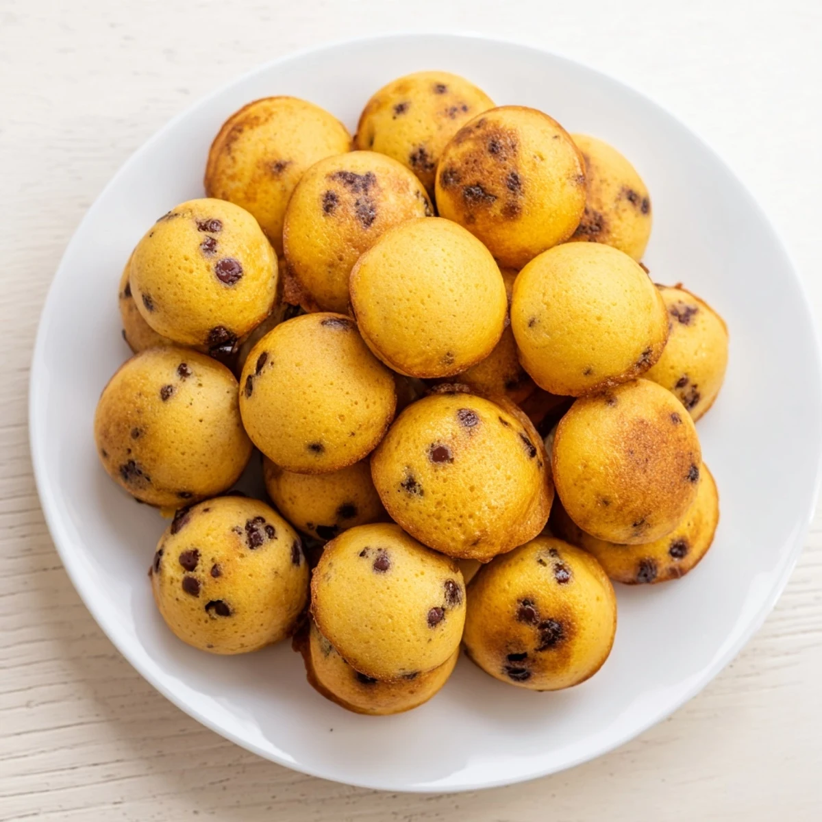 Pancake poppers with chocolate chips on a white plate, perfect for breakfast or snacking.