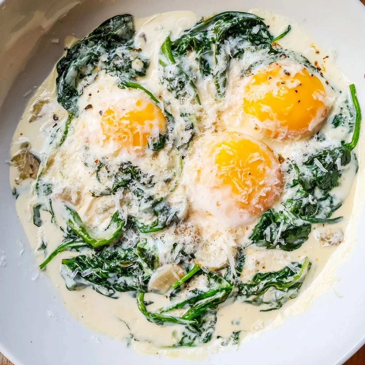 A close-up of Creamy Spinach and Eggs in a skillet, featuring vibrant wilted greens and softly set eggs with runny yolks.
