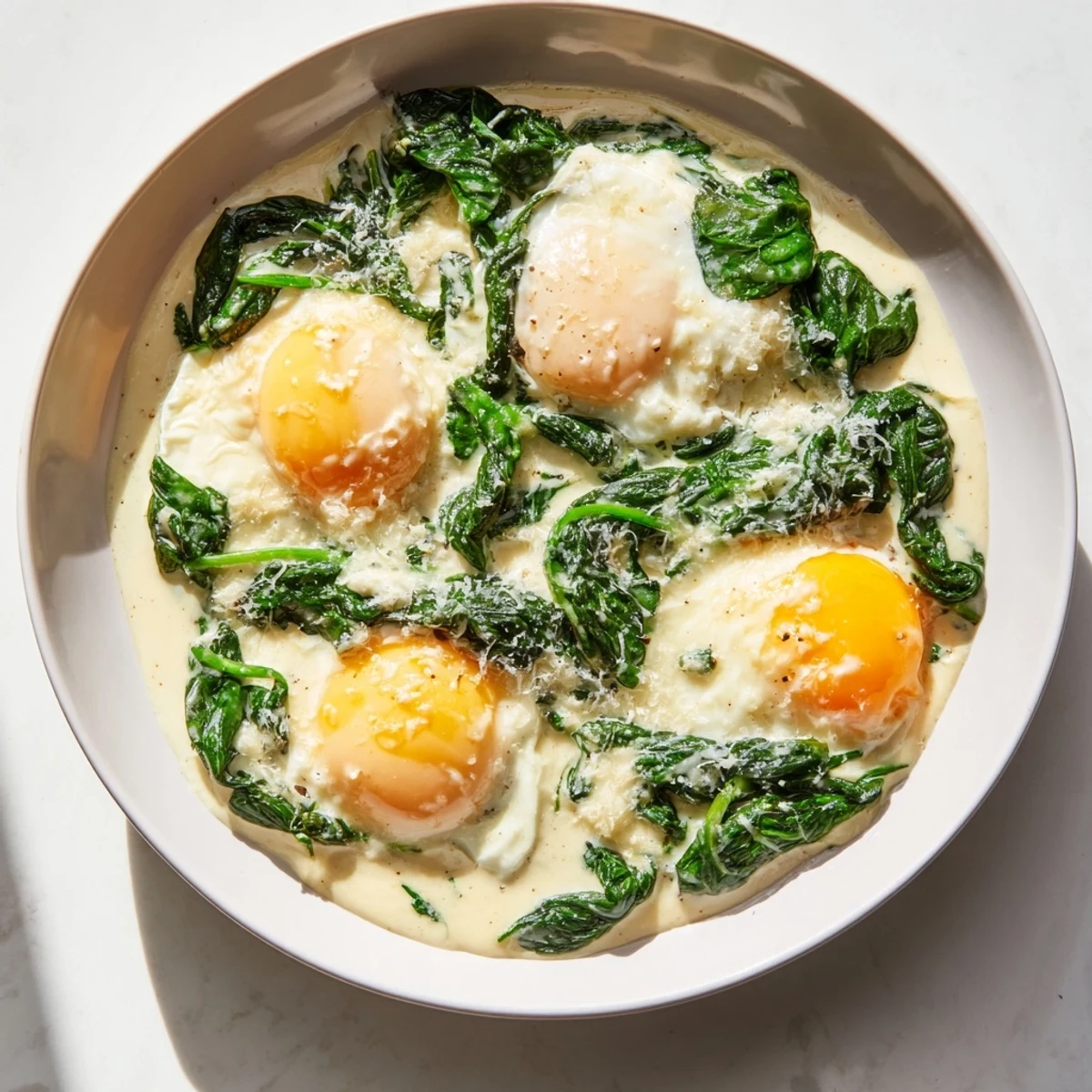 Serving suggestion for Creamy Spinach and Eggs on a rustic plate, garnished with extra Parmesan and a slice of toasted bread.