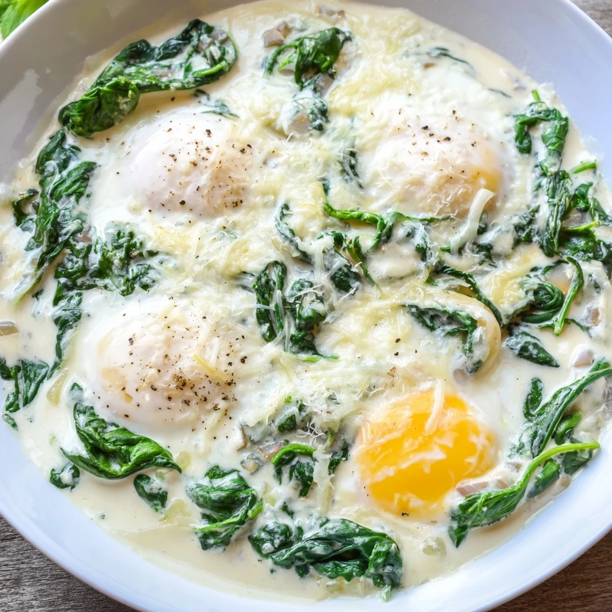 Overhead view of Creamy Spinach and Eggs, highlighting the velvety cream sauce pooling around perfectly cooked eggs.