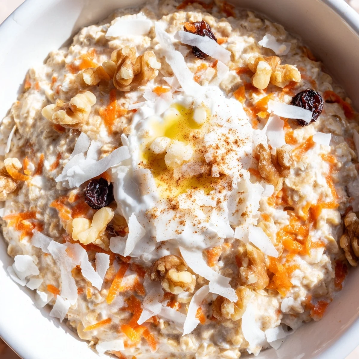 Carrot Cake Overnight Oats layered with creamy yogurt and drizzled with maple syrup.