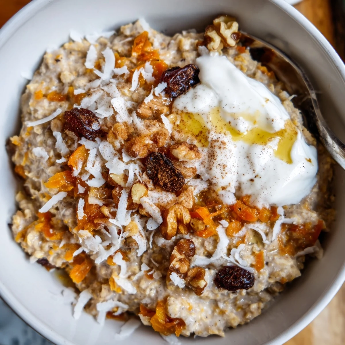 Overnight oats topped with walnuts, cinnamon, and shredded carrots for a sweet breakfast.