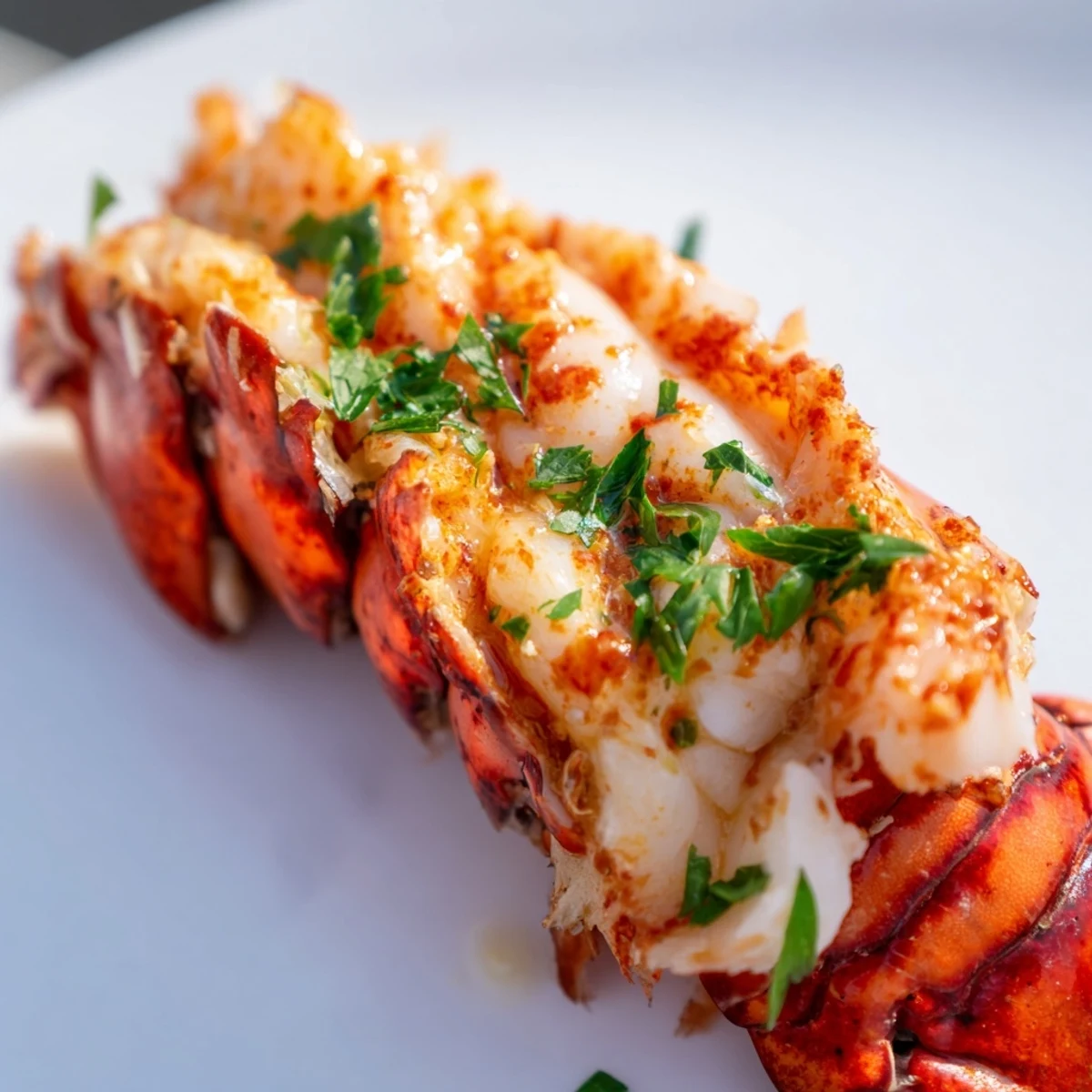 Smoked Lobster Tails With Garlic Butter presented with fresh parsley and lemon wedges.