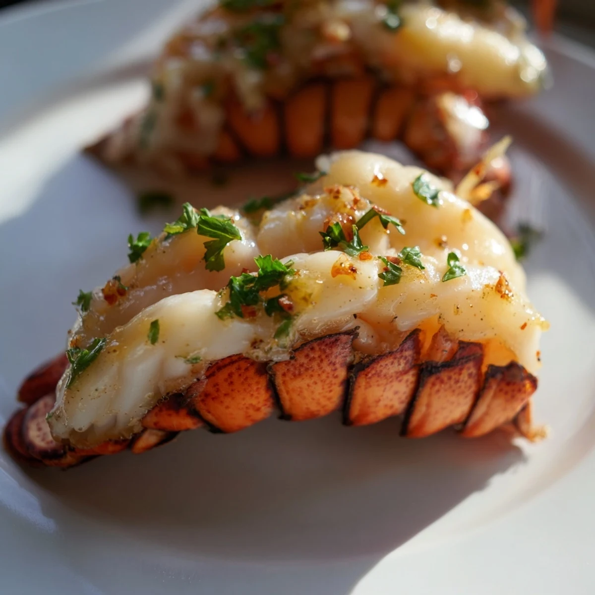 A close up of Smoked Lobster Tails With Garlic Butter shows juicy meat brushed with butter.