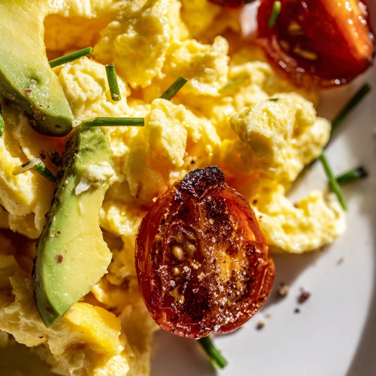 Fluffy scrambled eggs with avocado and seared tomatoes served on a plate.