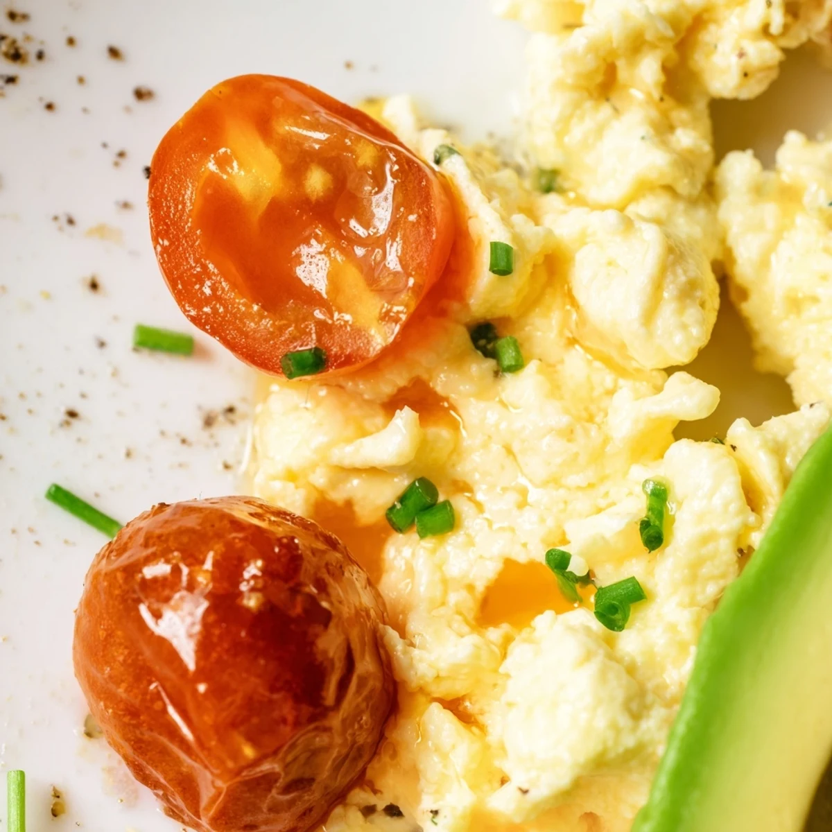 Bright scrambled eggs, creamy avocado, and juicy seared tomatoes on toast.